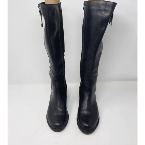 Issac Mizrahi Womens 6 Black Arno Leather Tall Boots Gold Exposed Zipper Flat - Picture 2 of 13